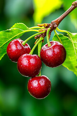 A cluster of ripe, red cherries hangs from a branch, surrounded by vibrant green leaves, showcasing their natural freshness and appeal.