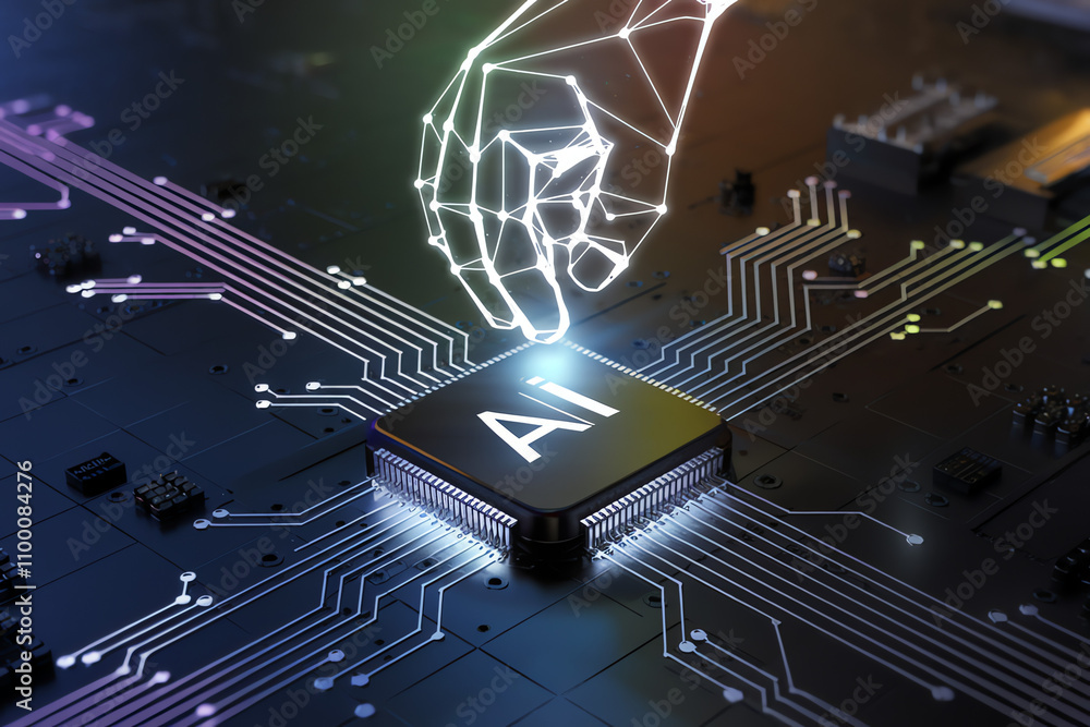 Poster hand touches ai processor on circuit board with glowing connections in modern technology setup