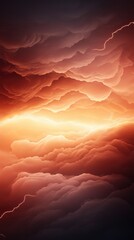 Fiery clouds illuminated by lightning create a dramatic and intense sky scene, AI