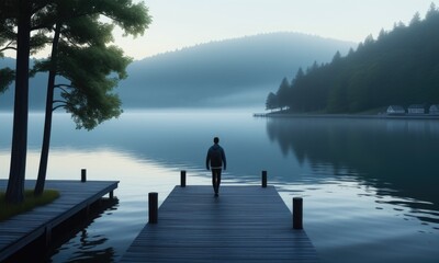 Solitude at dawn: serene lake landscape with misty mountains and lone figure