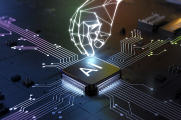 Fototapeta premium Hand touches AI processor on circuit board with glowing connections in modern technology setup