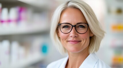 A confident blonde pharmacist wearing trendy glasses and a white coat, positioned in a modern pharmacy setting, signifies trust, expertise, and attentive service.