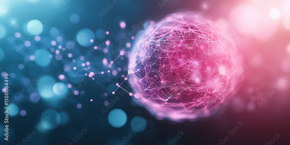 Poster a vibrant, abstract representation of a molecular structure, showcasing interconnected nodes with gl