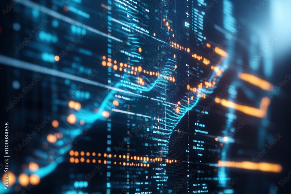 Poster A digital abstract representation of data visualization, showcasing vibrant lines and nodes against a dark background, emphasizing technology and analytics.