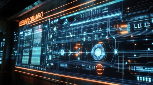 Futuristic digital interface display showing data streams, graphs, and system information on a large screen.