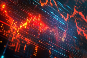 Obraz premium Abstract representation of stock market data with graphs and arrows on a dark digital background, signifying rapid market changes.