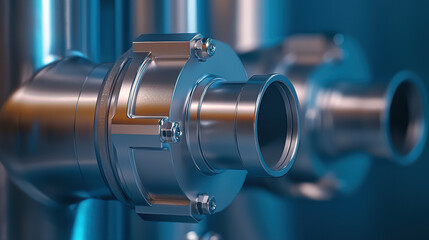 Fototapeta premium Close up of silver metal blowers showcasing industrial technology and precision engineering. shiny surfaces reflect light, emphasizing intricate design and functionality