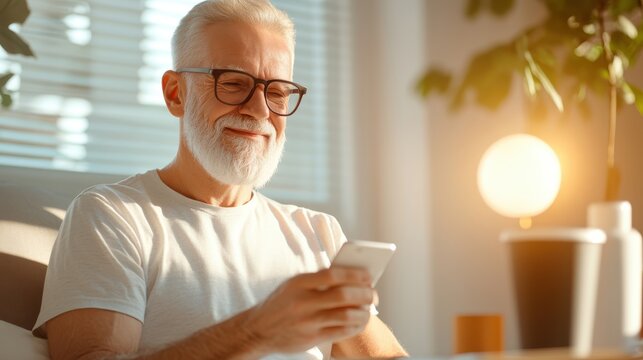 A senior man with a white beard smiles as he uses a smartphone in a sun-drenched room, representing technology use, connection, and modernity among seniors.