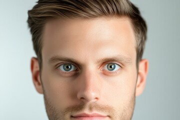 Naklejka premium Close Up Portrait of a Young Man with Striking Blue Eyes and Short Brown Hair Against a Neutral Background