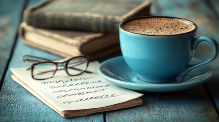 Cozy Workspace with Handwritten Note and Cup of Coffee on Wooden Desk