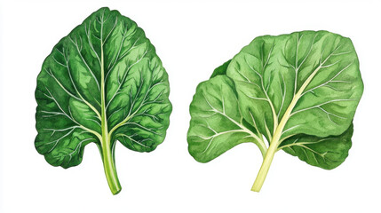 Obraz premium Watercolor illustration of Swiss chard leaves, showcasing vibrant green colors and intricate leaf veins. Perfect for culinary or botanical themes
