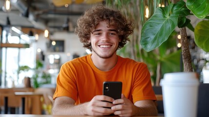 A young person with curly hair is smiling widely while sitting in a cozy cafe, holding a smartphone. The background is filled with green plants and soft lighting.