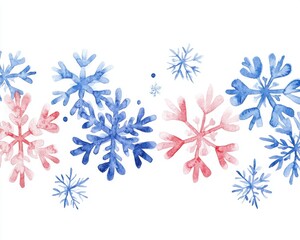 Colorful watercolor snowflakes in blue and pink against white background.