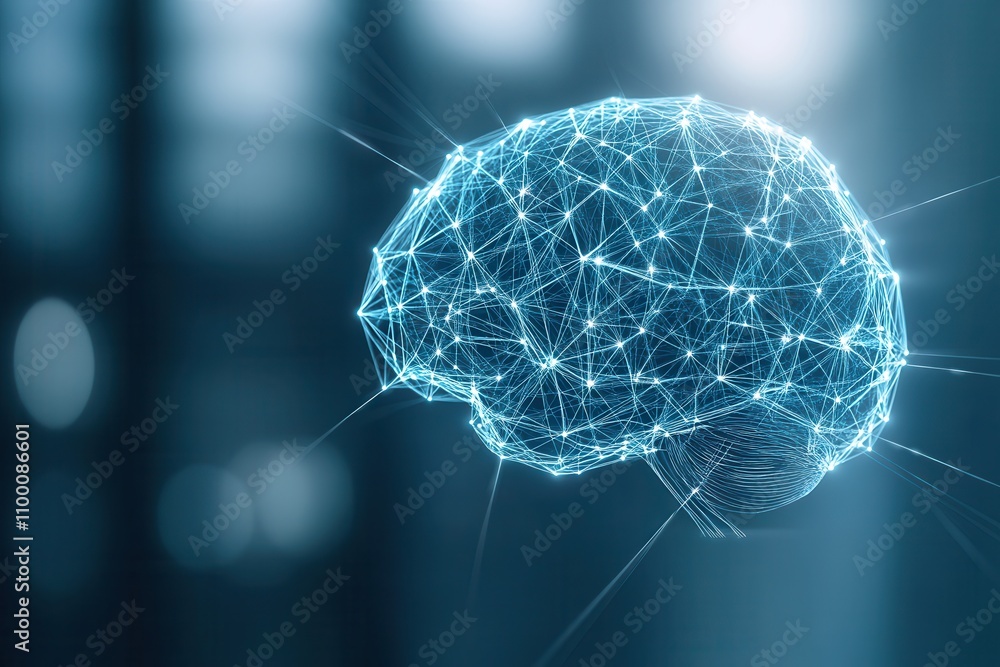Aufkleber A digital representation of a brain, illuminated with a network of connected lines and nodes, symbolizing intelligence and technology.
