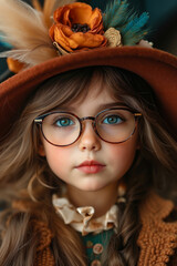 Fototapeta premium A little girl wearing a brown hat and glasses