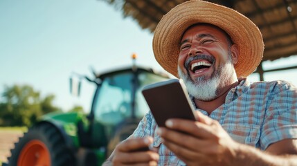Fototapeta premium A senior farmer with a gray beard and a straw hat holds a mobile phone, smiling broadly in a field by a green tractor on a sunny afternoon.
