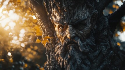 Obraz premium Enchanted Tree Face in Sunlight. Nature's Artistic Masterpiece.
