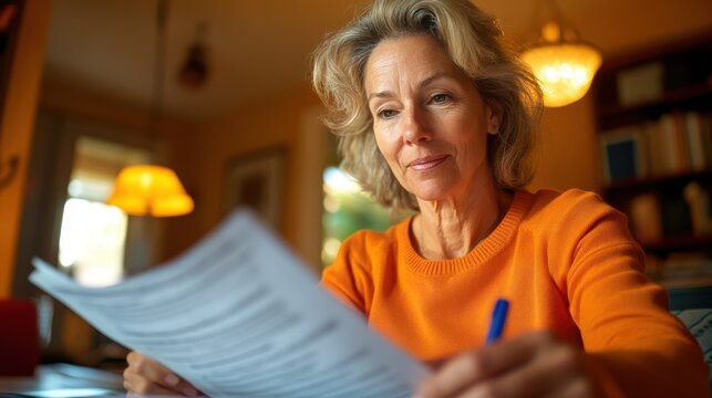 In a warm ambient setting, an older woman in an orange top intensely reviews detailed documents, emphasizing her dedication and analytical mindset.