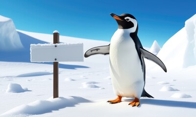Obraz premium Penguin standing by blank sign in snowy antarctic landscape