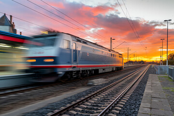 Obraz premium Sunset train approaching station with dynamic motion blur in the foreground