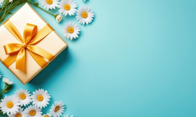 Elegant gift box with yellow ribbon and daisies on a blue background