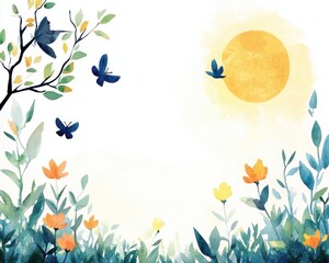 Colorful watercolor illustration of flowers, butterflies, and a bright sun.
