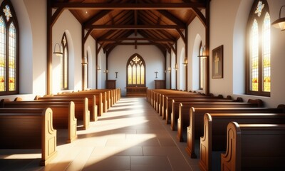 Serene sunlit church interior with wooden pews and stained glass windows