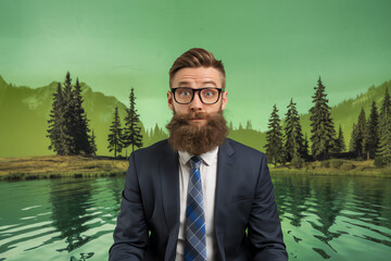 Fototapeta premium Businessman with beard poses in front of a serene green landscape near water reflecting trees