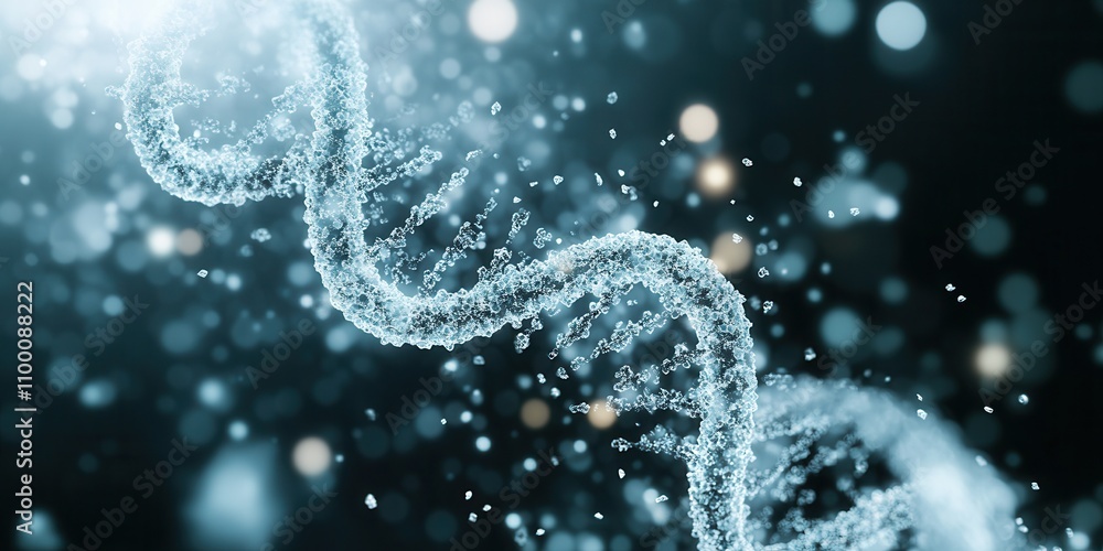 Aufkleber a glowing dna strand elegantly twists through a dark background, surrounded by shimmering particles 