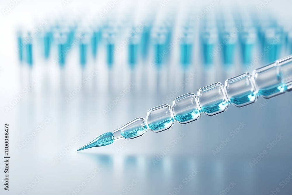 Poster A close-up of a pipette with blue liquid, set against a blurred background of multiple pipettes, highlighting precision in laboratory work.