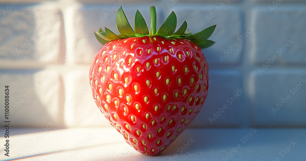 Poster a close up of a red strawberry with a green leaf on top. the strawberry is the main focus of the ima