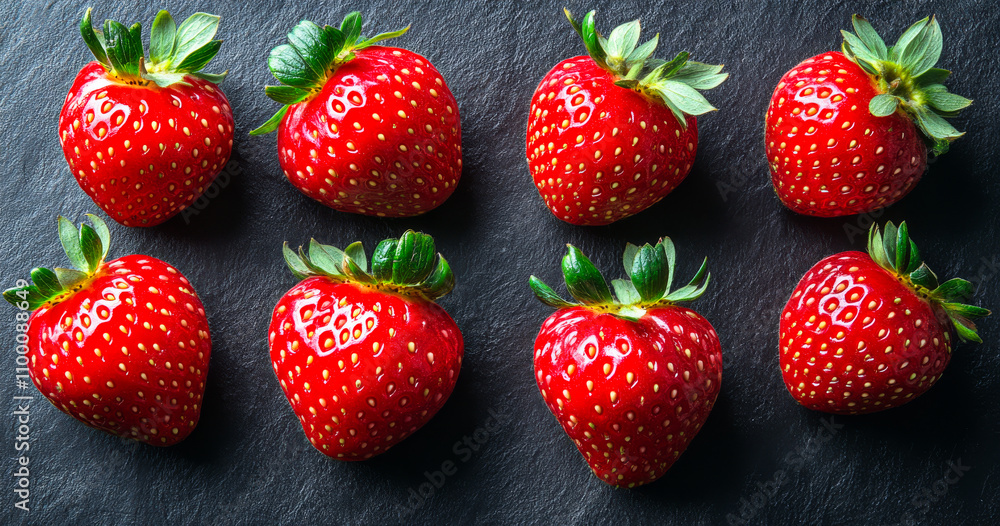 Poster a close up of a bunch of red strawberries. the strawberries are all the same size and are arranged i