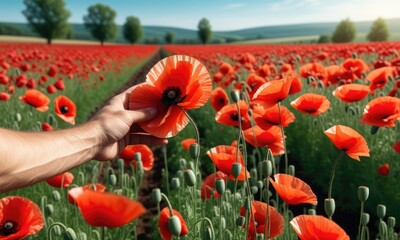 Hand holding vibrant red poppy in blooming field under blue sky