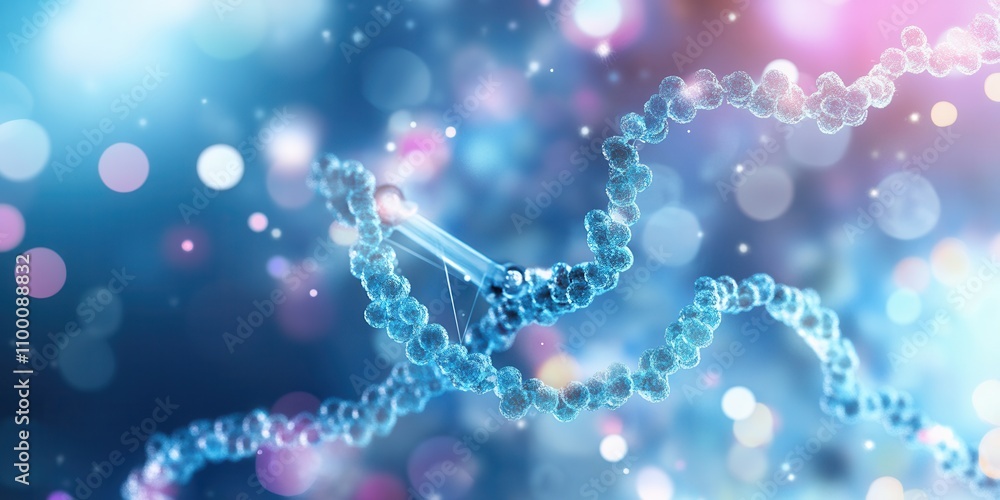 Poster An abstract representation of DNA with glowing structures and colorful bokeh effects, illustrating the complexity of genetic science.
