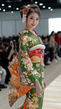 若草色の地に橙花が舞う艶やかな振袖、金の簪と朱色の帯が織りなす優美な着姿、白と紅の花簪が彩る愛らしい微笑み、ランウェイに輝く伝統的な花嫁衣裳、スポットライトが照らす気品あふれる佇まい
