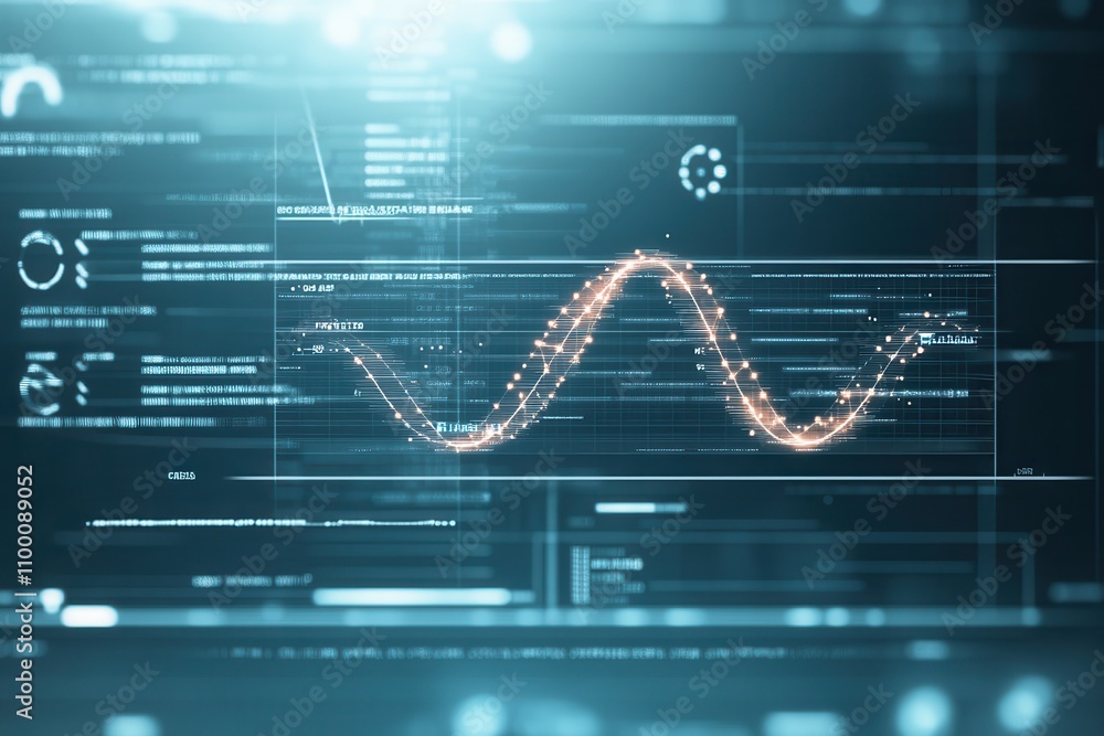 Fototapete A digital interface displaying data visualization with a flowing wave pattern, highlighting metrics and analytics in a high-tech environment.