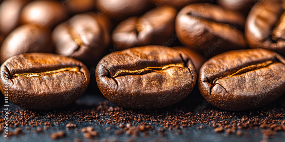Poster a close up of coffee beans with a dark brown color. the beans are piled on top of each other and the