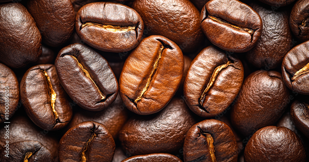 Poster a close up of coffee beans with a brownish color. the beans are arranged in a pattern and appear to 