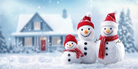 Obraz premium A cheerful snowman family in a snowy yard with a cozy house in the background
