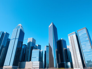 Fototapeta premium Modern skyscrapers rise against a clear blue sky in a vibrant city skyline