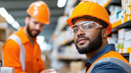 Fototapeta premium A focused warehouse worker in an orange uniform and hard hat, organizing boxes on shelves, demonstrating professionalism and attention to detail.
