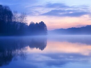 serene lake surrounded by forest during blue hour