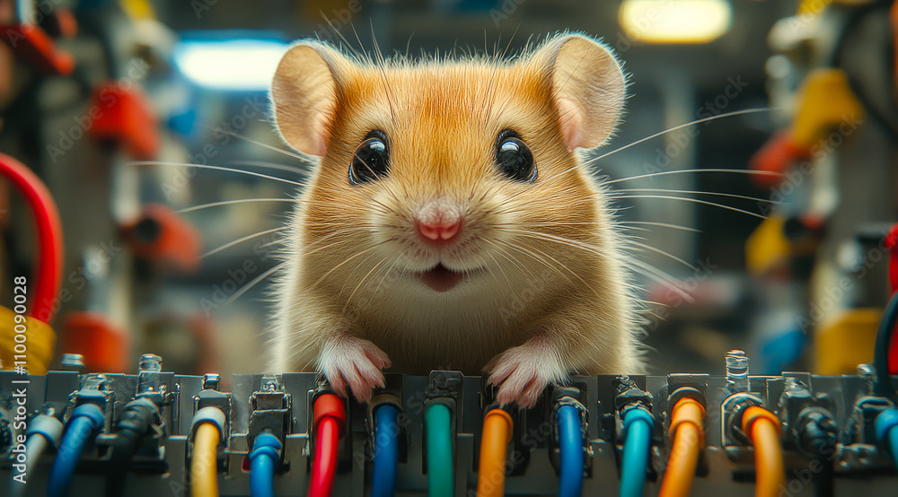 Poster a small hamster is looking at the camera with a smile on its face. the hamster is standing on a keyb