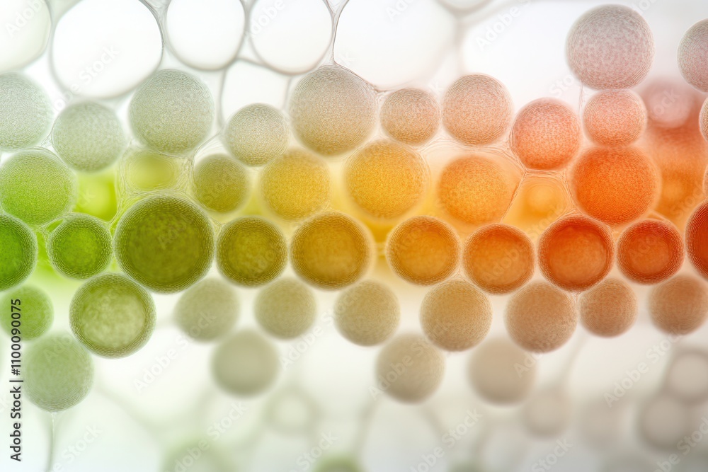 Fototapete A vibrant abstract pattern featuring overlapping circular shapes in green, orange, and white tones, creating a visually appealing gradient effect.