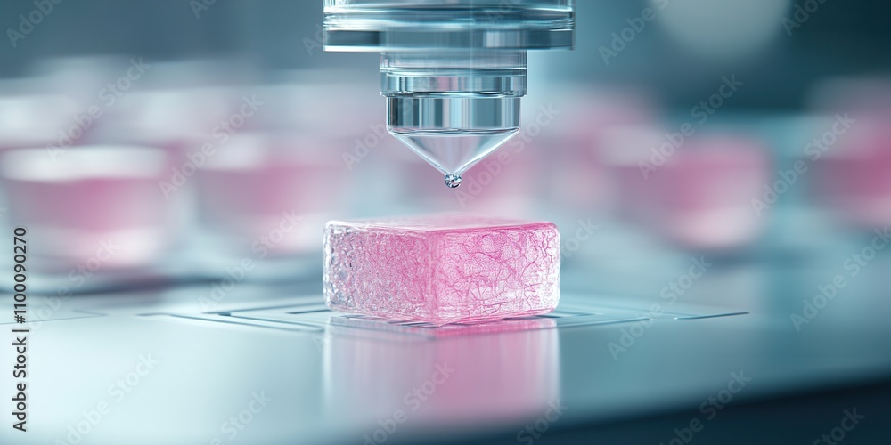 Poster A close-up of a 3D printer nozzle positioned above a pink gel block, highlighting advanced technology in bioprinting applications.