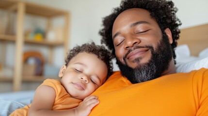 Fototapeta premium A tender moment captured with a father and his sleeping toddler cuddled up in a tranquil bedroom, displaying warmth, trust, and a strong emotional connection.