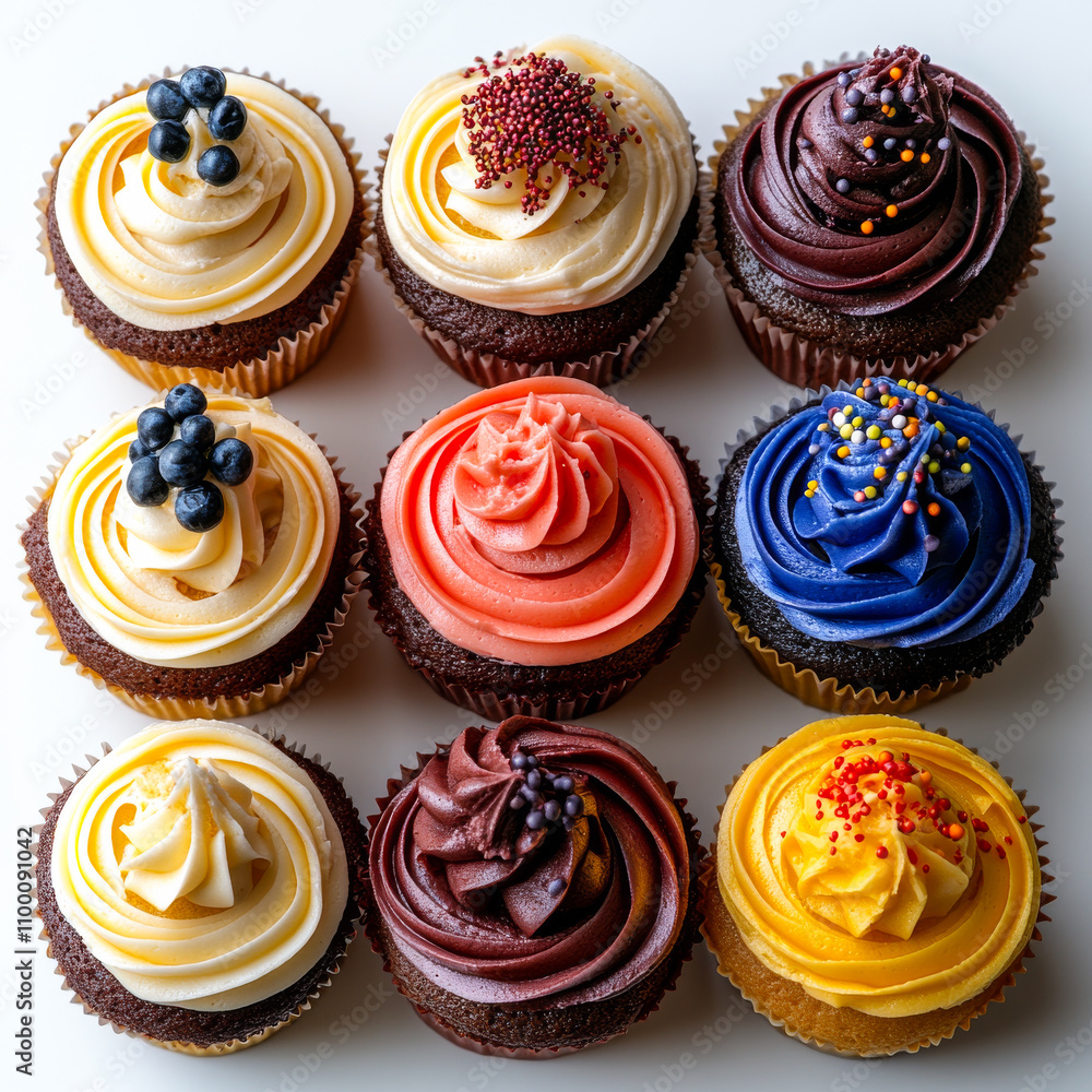 Poster a row of cupcakes with different frosting and decorations. the cupcakes are arranged in a neat row, 