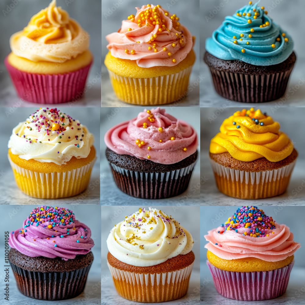 Poster a row of colorful cupcakes with different frosting and sprinkles. the cupcakes are arranged in a gri