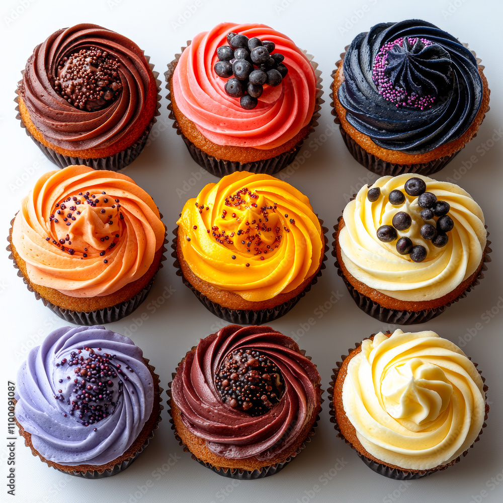 Poster a row of colorful cupcakes with different frosting and decorations. the cupcakes are arranged in a n