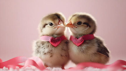 Cute Baby Chicks with Pink Heart Ribbon Accessory Valentine's Day Romantic Animal Photography Adorable Chickens in Love